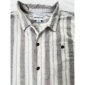 Distortion Boys Large 14/16 Short Sleeve Button Down Striped Shirt Brown Yellow‎